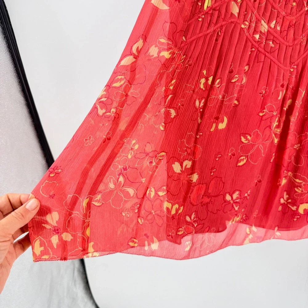 Vintage‎ 90s City DKNY 100% Silk Floral Pleated Skirt Pink 12P Boho Cottagecore